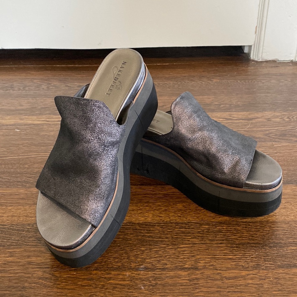 Lightly used Naked Feet Platform Sandal- Pewter